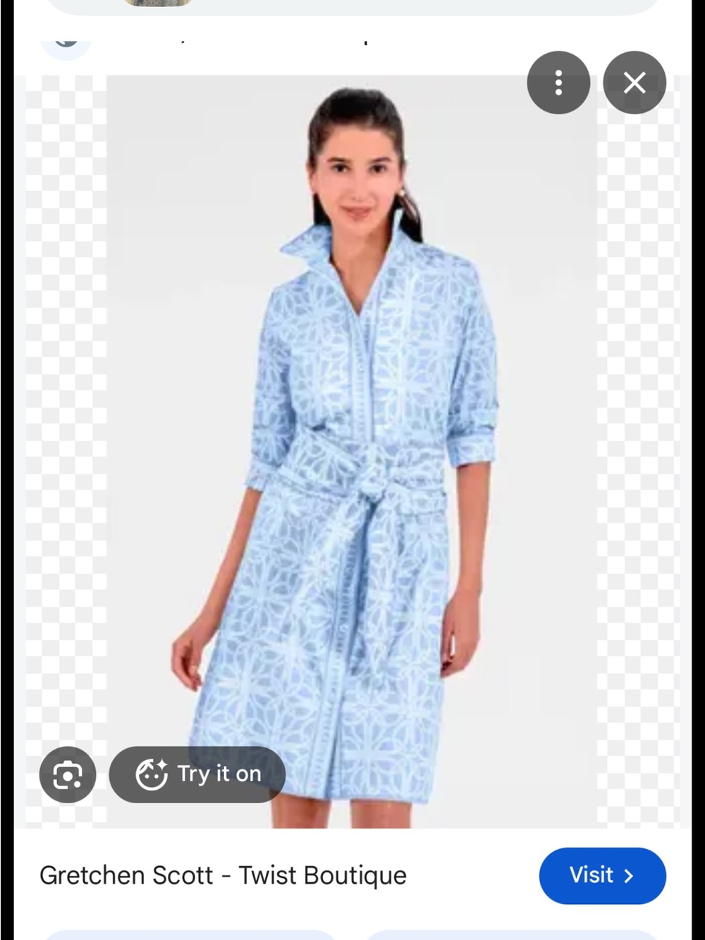 Gretchen Scott Designs Pale Blue Printed Shirt Dress with Tie Waist